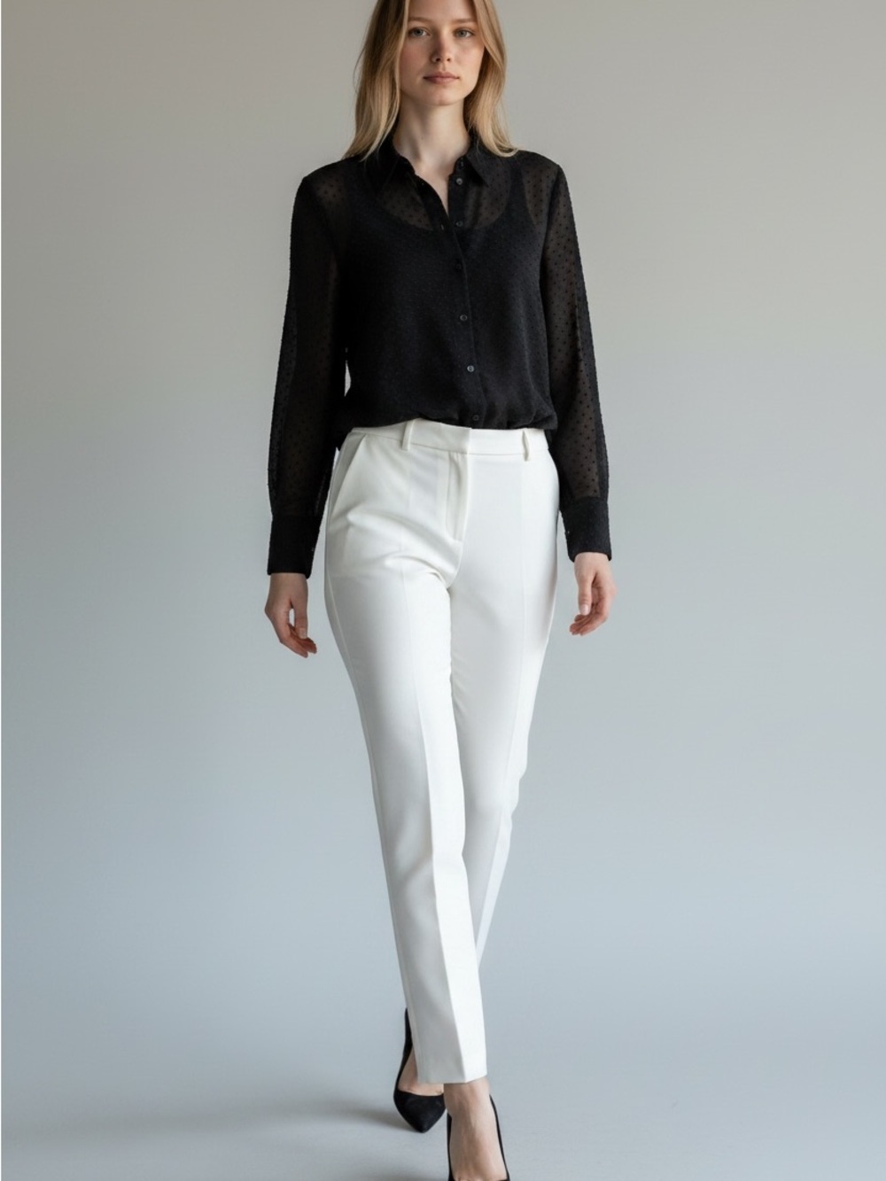 Black Sheer Dot-Texture Button-Front Blouse